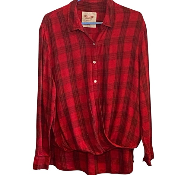 Mossimo Red Plaid Collared Faux wrap Fall Holiday cabincore button down shirt - Picture 2 of 6
